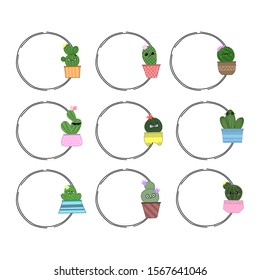 Hand drawn set of cute cactus in pot, Cartoon doodle style, Can be used for wrapping paper, scrapbook, web site background, greeting cards, invitation, stationery.