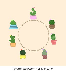 Hand drawn set of cute cactus in pot, Cartoon doodle style, Can be used for wrapping paper, scrapbook, web site background, greeting cards, invitation, stationery.