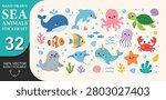 Hand drawn set with cute cartoon sea animals, marine plants, shells.