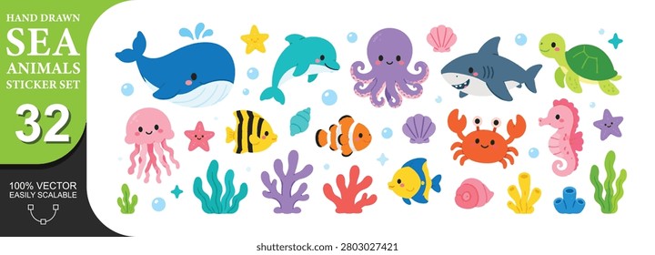 Hand drawn set with cute cartoon sea animals, marine plants, shells.