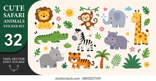Hand drawn set with cute cartoon safari animals, plants, sun.