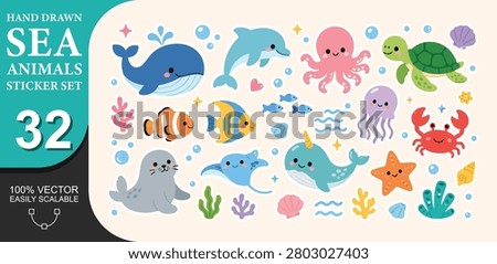 Hand drawn set with cute cartoon sea animals, marine plants, shells.