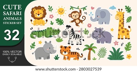 Hand drawn set with cute cartoon safari animals, plants, sun.