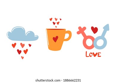 Conjunto de dibujos a mano de dibujos bonitos, elementos de amor, concepto de San Valentín. Ilustración plana.
