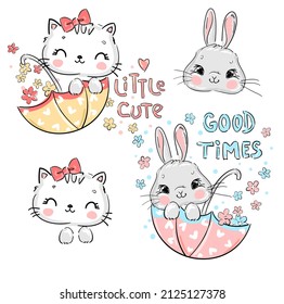 Hand drawn Set Cute Cat and Bunny sitting in an umbrella and flowers on an isolated white background kids print