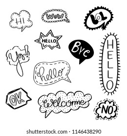 Hand drawn Set of Cute Doodle Speech Bubbles with Text Messages.