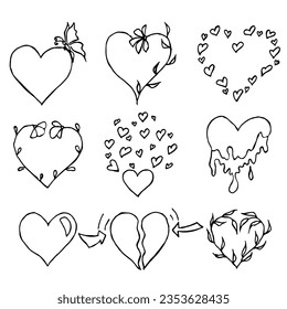 Hand drawn set of cute doodle illustration of valentine love elements. Liner