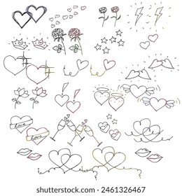Conjunto dibujado a mano de lindo doodle ilustración de Elementos de amor de San Valentín. Bolígrafos de gel coloreados y forro
