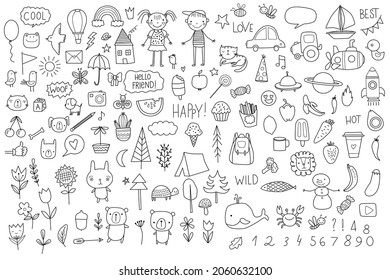 Hand drawn set of cute doodles for kid. Funny Doodle Hand Drawn