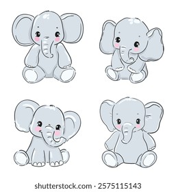 Hand Drawn a set of cute elephants isolated on a white background, vector illustration