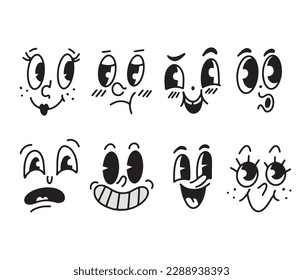 Hand drawn set with cute faces in vintage style, line doodle design. Isolated vector illustration