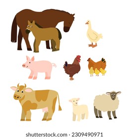 hand drawn set of cute farm animals. chicken, rooster, chickens, horse, lamb, pig, goose