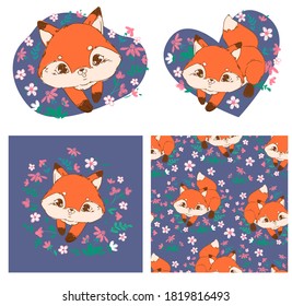 Hand drawn Set cute Fox and flowers Vector Illustration Woodland animal Print for children's t-shirts.