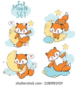 Dibujo manual Set lindo zorro y luna Vector Ilustración, Woodland animal, Imprimir para el tejido de pijamas de bebé