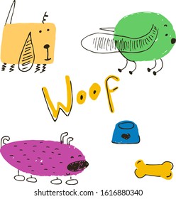 Hand drawn set of cute and funny dogs and elements. Vector illustration for nursery design.