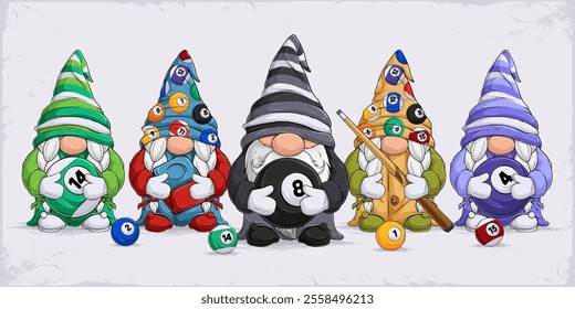 Hand drawn set of cute gnomes cheerleaders wearing billiard hat holding pool balls and wooden cue 