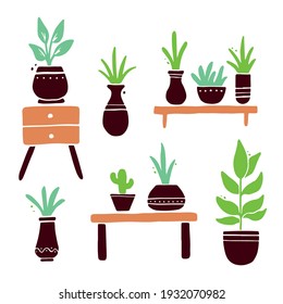 Hand drawn set of cute home plant with pot. Simple trendy flat style. Collection for interior garden decoration design.