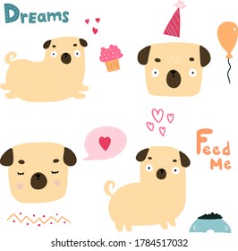 Hand drawn set of cute little cartoon pugs. Doodle illustration for different designs t shirts, wrapping, clothes, covers. Children cartoon colorful sketches.