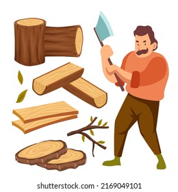 Hand drawn set of Cute Lumberjack Objects Character Elements,  Vector illustration set with Axe, Trunk, wodden, lumber, log, branch and leaves.