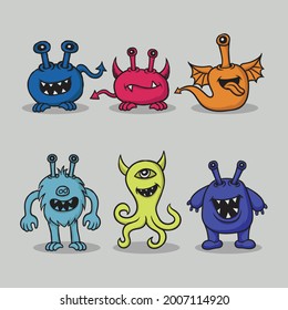 Hand drawn set of cute monster illustration doodle vector