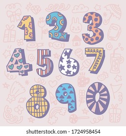 Hand drawn set of cute number and different objects in doodle style