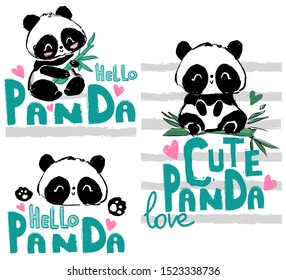 Hand drawn set Cute panda bear and bamboo. Print for children. Textile design trend. Vector illustration. Sketch cartoon character.