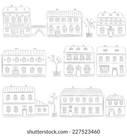 Hand drawn set of cute retro houses