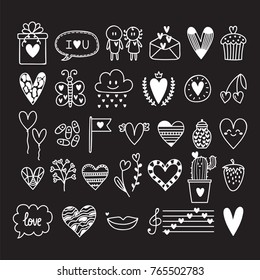 Hand drawn set of cute romantic doodle elements. Love concept. Sketch collection for wedding or Valentine's Day design. Vector illustration