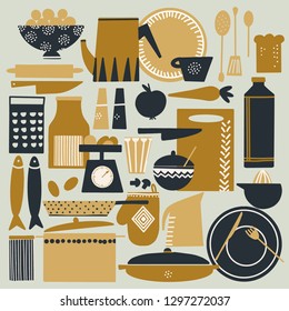 Hand drawn set of cute Scandinavian kitchen things