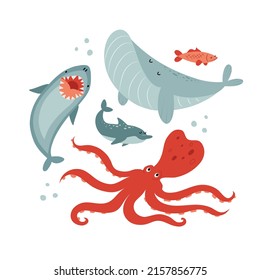 Hand drawn set and cute sea creatures in flat childish style  isolated vector illustration