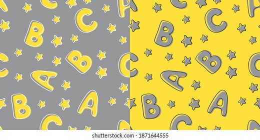 Juego de dibujos a mano de bonitos patrones sin costura con letras y estrellas en colores de moda de 2021 año. Fondo vectorial para tela, textil, rayado, envoltura de regalo. Ideal para niños y proyectos para bebés.