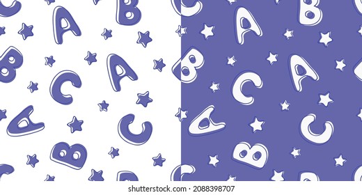 Hand drawn set of cute seamless patterns with letters and stars. Тrendy color of 2022 year. Very Peri. Vector background for fabric, textile, scrapbook, gift wrapping. Ideal for baby projects. 