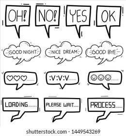 Hand drawn set of cute speech bubble in doodle style. vector ilustration.