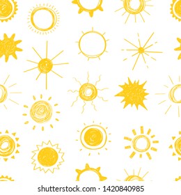 Hand drawn set of cute sun. Doodle style yellow sunlight elements pattern. Objects isolated on white background - Vector