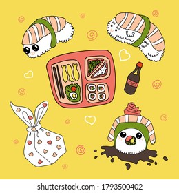 Hand drawn set of cute sushi and rolls vector illustration