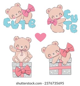 Hand Drawn Set cute Teddy Bear and gift box and pink Bow vector illustration Valentines Day 