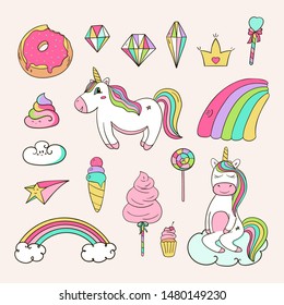 Hand drawn set of cute unicorn and fairy tales elements. Pretty Donut, crown, unicorn, cloud, rainbow, poop, crystals - vector illustration in kids style.