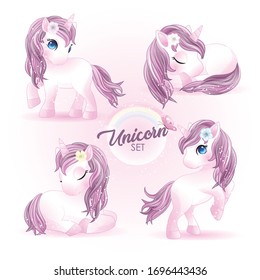 Hand drawn set cute unicorn character 