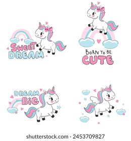 Hand Drawn set cute unicorn and rainbow sketch style kids print Vector Illustration