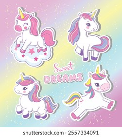 Hand Drawn Set of cute unicorns. Unicorn stickers set. Childish Trend vector illustration