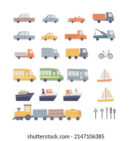 Hand drawn set of cute vehicles for kids design. Urban road transport vector illustration.