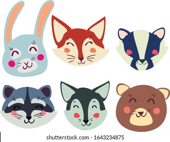 hand drawn set of cute woodland animal heads: raccoon, bear, fox, hare, wolf, bear