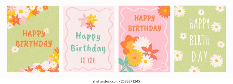 Hand drawn set of cutest cards or posters for Birthday with Flowers, bouquet and Texture. Handwritten Vector Floral vertical templates for birthday