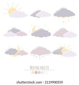 Handgezeichnet: dunkelblau, hellblau und rosa Wolken, Sonne, Mond und Sterne im flachen Stil. Clipart einzeln auf weißem Hintergrund.