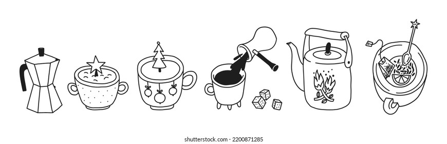 Hand drawn set of decorated large mugs. Doodle dishes for hot drinks. Vector scribble illustration of moka pot, ceramic mugs and teapot isolated. Collection of elegant coffee drinking objects.
