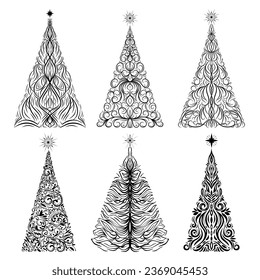 Hand drawn set of decorative Christmas tree with star. Happy New Year ornate elements for winter holidays, abstract Christmas symbol, Xmas design. Vector sketch illustration on white background