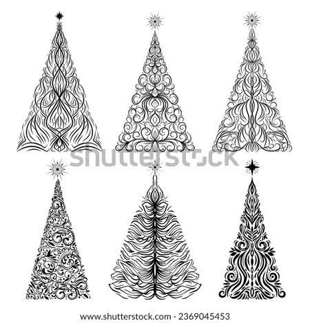 Hand drawn set of decorative Christmas tree with star. Happy New Year ornate elements for winter holidays, abstract Christmas symbol, Xmas design. Vector sketch illustration on white background