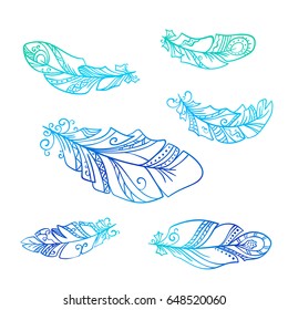 Hand drawn set of decorative feathers, Boho style vector illustration, Isolated design element on white background