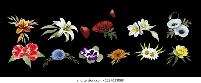 
Hand drawn set of decorative floral elements. Flowers isolated on black background. Vector illustration.