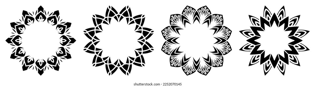 Conjunto de cuadros redondos decorativos dibujados a mano para el diseño con adornos florales. Marco Círculo Mandala. Plantillas para imprimir postales, invitaciones, libros, textiles, yoga, invitación, diseño gráfico